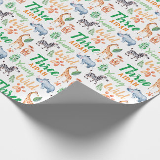 Papier Cadeau Young Wild et Three Safari Animal 3ème anniversair