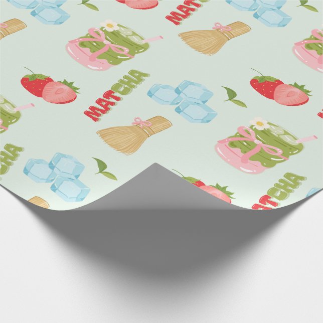Papier Cadeau Yummy Strawberry Matcha avec Ruban  (Coin)