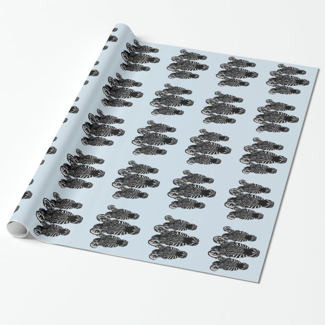 Papier Cadeau Zèbre branché  Troupeau sur fond bleu (Déroulé)