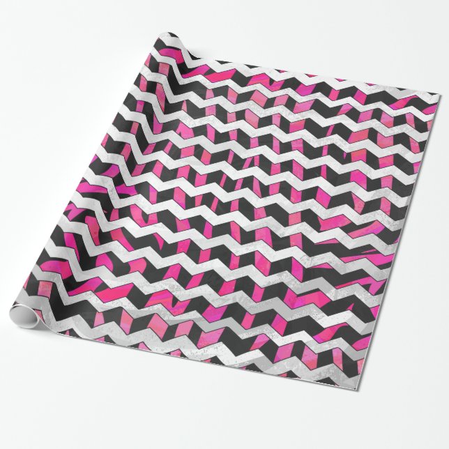Papier Cadeau Zèbre Chevron Noir et Rose Chaud (Déroulé)