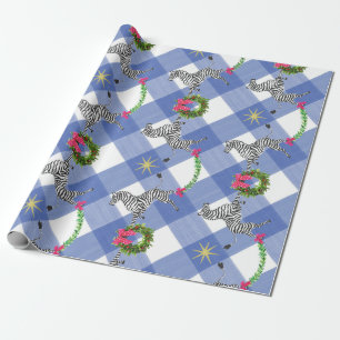 Papier Cadeau Zèbres de Noël sur Plaid Bleu