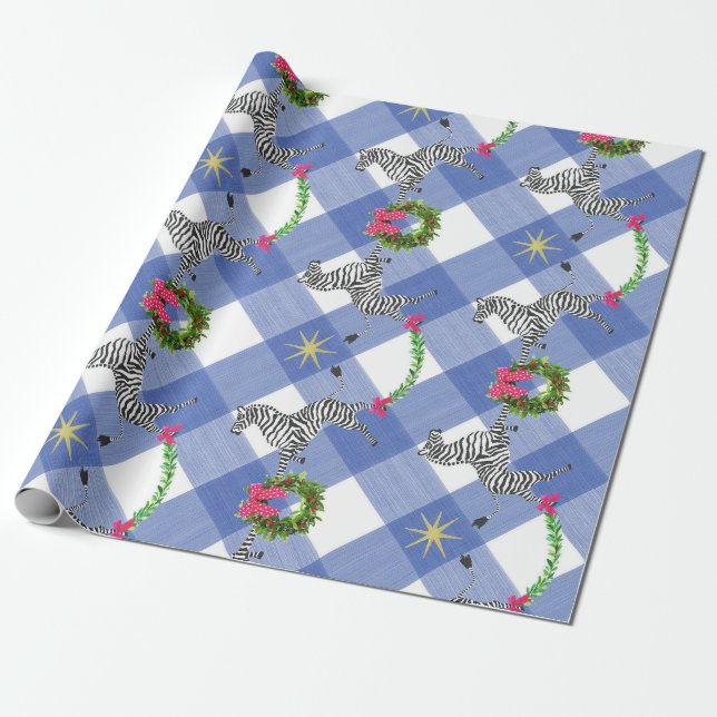 Papier Cadeau Zèbres de Noël sur Plaid Bleu (Déroulé)