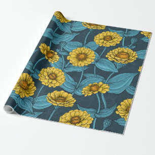 Papier Cadeau Zinnias jaune sur bleu foncé