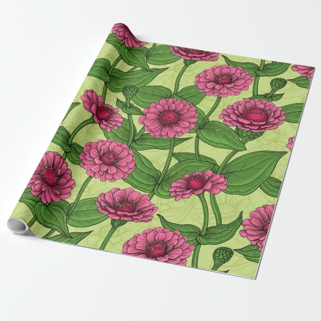 Papier Cadeau Zinnias roses sur fond vert clair (Déroulé)