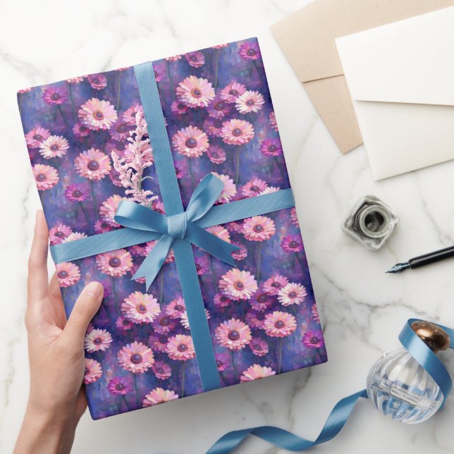 Papier Cadeau Zinnias roses sur fond violet (Cadeaux)