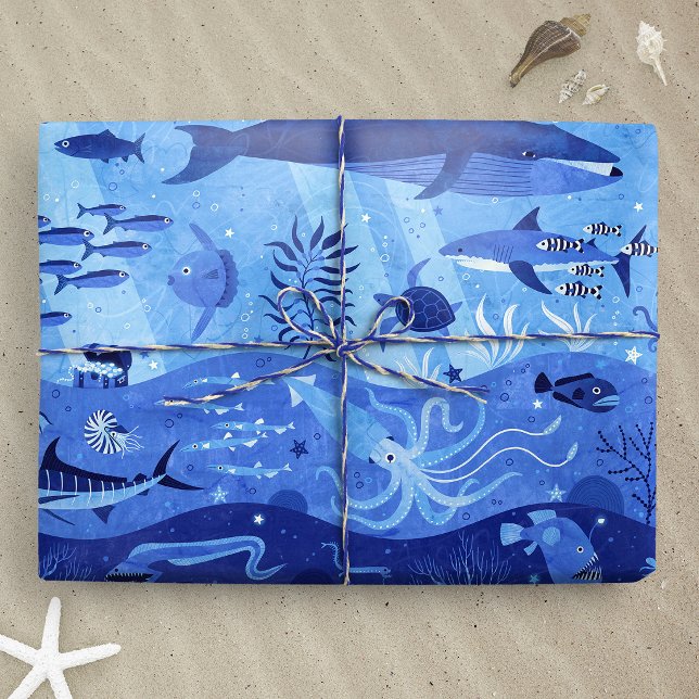 Papier Cadeau Zones de profondeur océanique - Animaux sous-marin (Ocean Depth Zones - Undersea Animals L wrapping paper gift mockup)