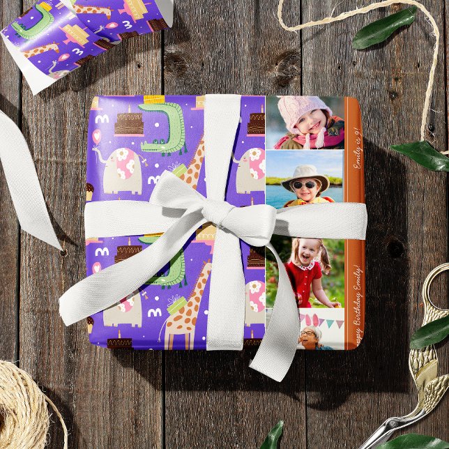 Papier Cadeau Zoo Animal Motif Purple Joyeux Anniversaire Photo (Créateur téléchargé)
