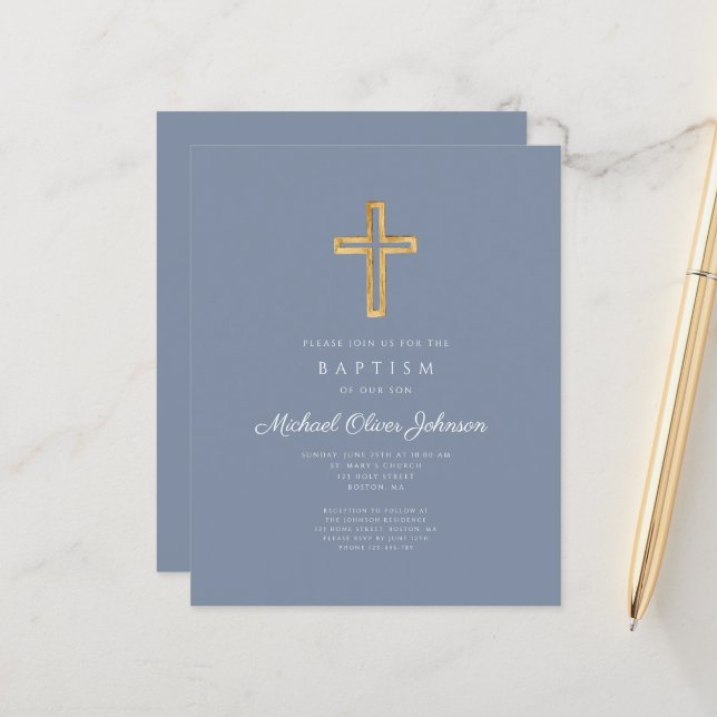 Papier de Baptême pour garçon Dusty Blue Cross Bud (Devant/Arrière en situation)