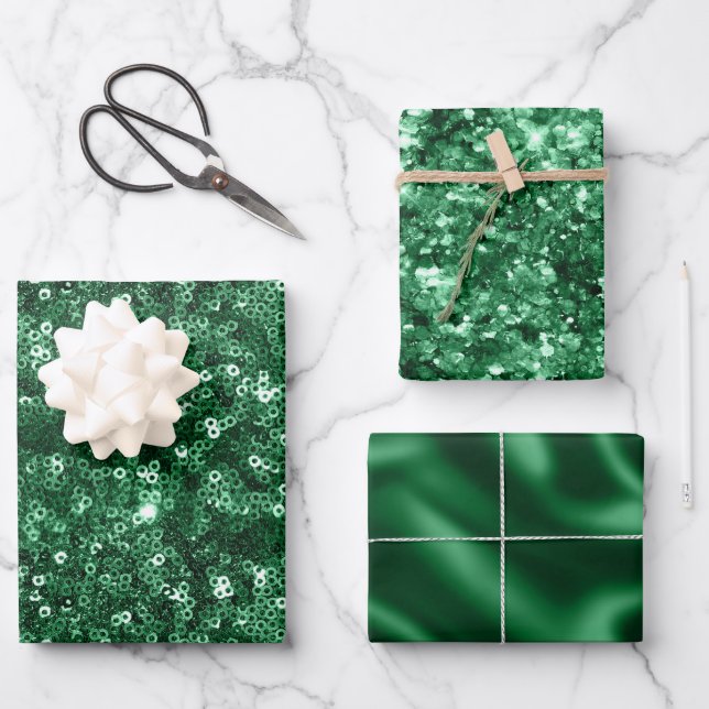 Papier de Noël Satin et Paillettes Vert Feuille (Recto)