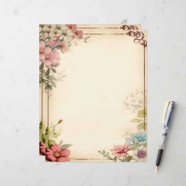 Papier de papeterie shabby chic floral pour scrapb (Devant/Arrière en situation)
