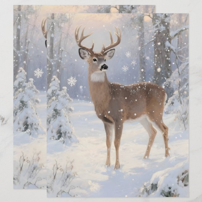 Papier de scrapbook Cerfs et magie de l'hiver (Devant / Derrière)