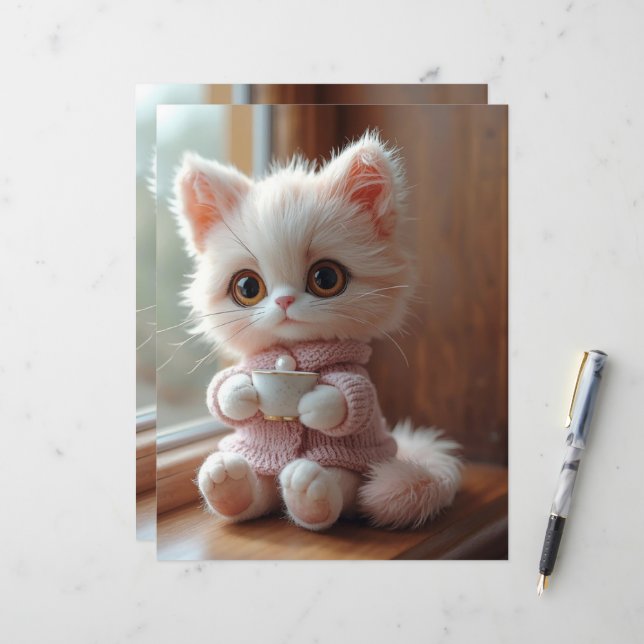 Papier de scrapbook de chat blanc et rose clair Fl (Devant/Arrière en situation)