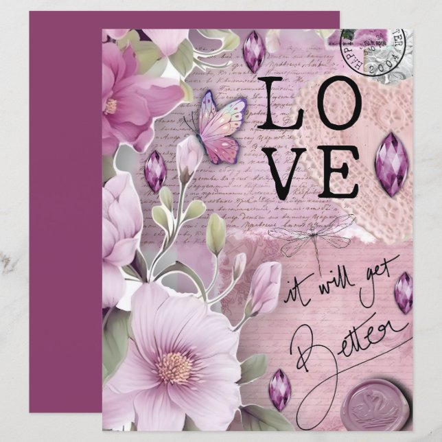 Papier de scrapbook d'éphémère d'amour rose poussi (Devant / Derrière)