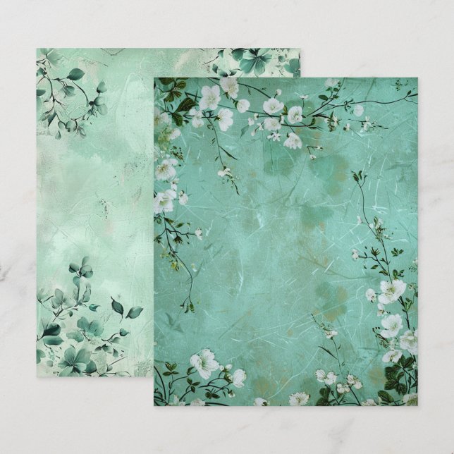 Papier de scrapbook floral botanique vert vintage (Devant / Derrière)
