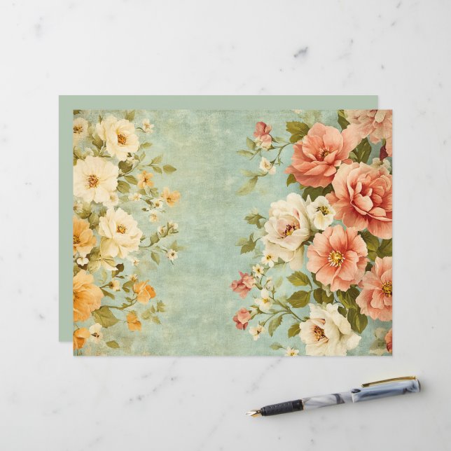 Papier de scrapbook floral rose bleu pour junk jou (Devant/Arrière en situation)