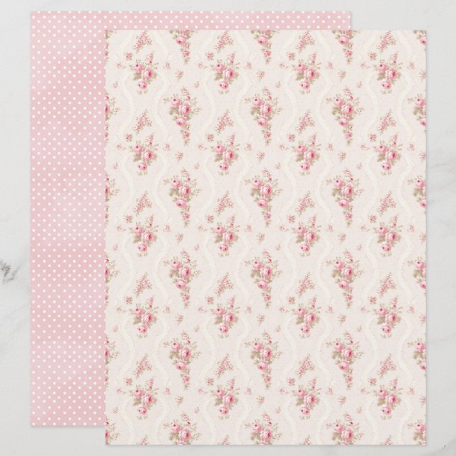 Papier de scrapbook floral rose Coquette vintage (Devant / Derrière)