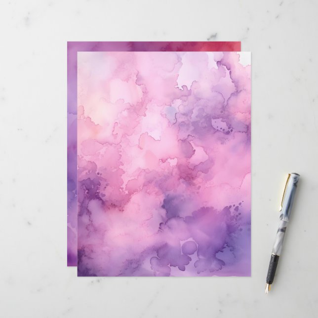 Papier de scrapbooking à l'aquarelle rose et viole (Devant/Arrière en situation)