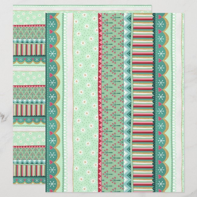 Papier de scrapbooking de Noël vert à rayures joye (Devant / Derrière)