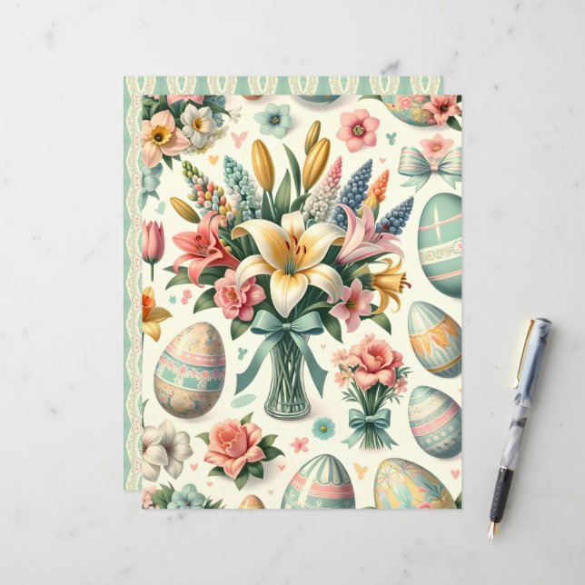 Papier de scrapbooking de Pâques à motif floral vi (Devant/Arrière en situation)