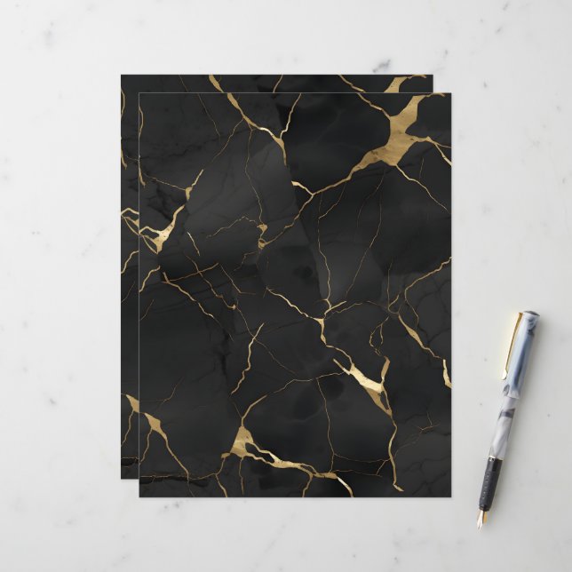Papier de scrapbooking Marbre Noir Or (Devant/Arrière en situation)