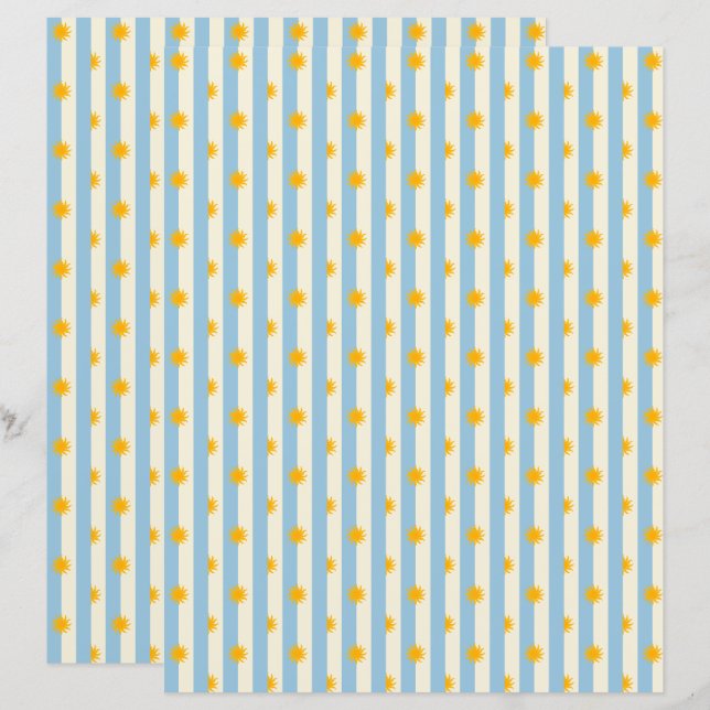 Papier de scrapbooking rayé crème bleu avec soleil (Devant / Derrière)