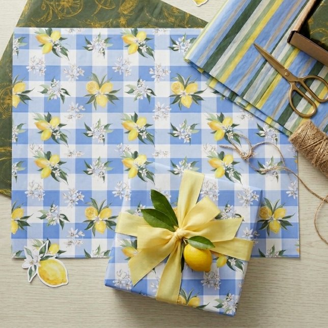 Papier de soie à carreaux bleus et fleurs de citro (Créateur téléchargé)