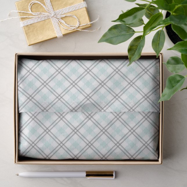 Papier de soie à carreaux vert menthe et gris (Cadeau)