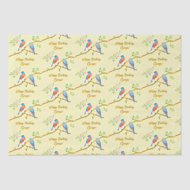 Papier de soie bleu oiseaux jaune pâle (Recto)