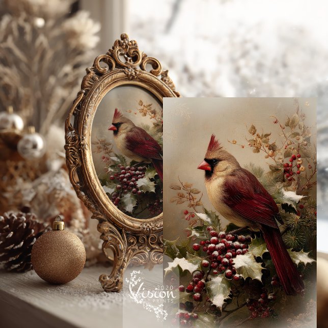 Papier de soie de Noël Cardinal Holly Berries (Cardinal with holly berries in vintage gold frame against a snowy window with close up of Cardinal.)