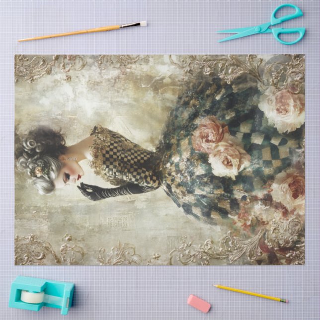 Papier de soie de portrait de printemps noir et bl (Artisanat)