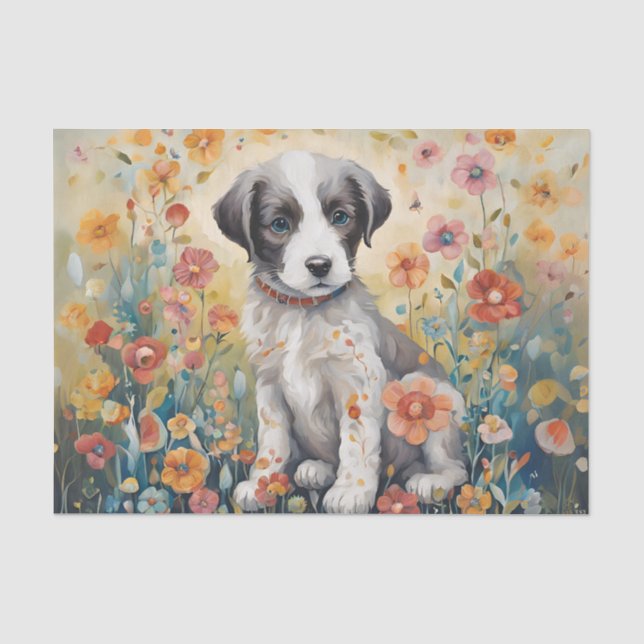 Papier de soie découpage Chiot entouré de fleurs (Recto)