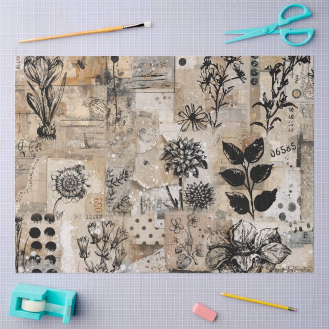 Papier de soie découpage collage botanique encre (Artisanat)