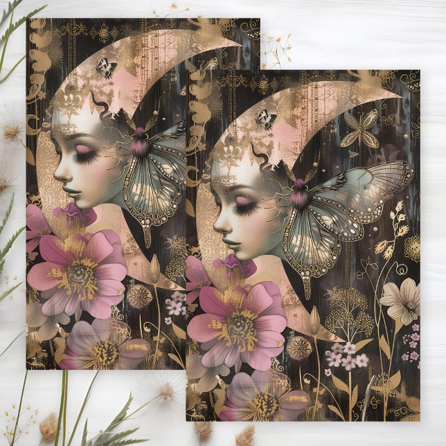 PAPIER DE SOIE DECOUPAGE LUNE ET PAPILLON MYSTIQUE (MYSTICAL MOON AND MOTH DECOUPAGE TISSUE PAPER)