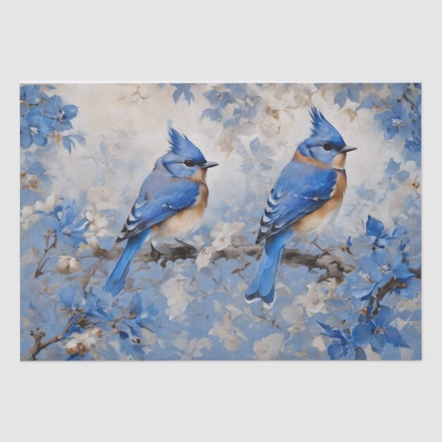Papier de soie découpage Oiseaux bleus et fleurs (Recto)