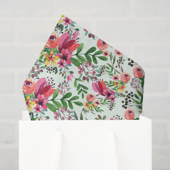 Papier de soie découpé floral rose, botanique vert (Sac cadeau)