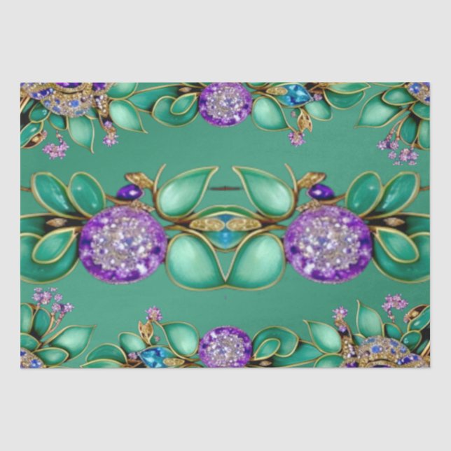 Papier de soie feuilles vertes gemmes violettes (Recto)