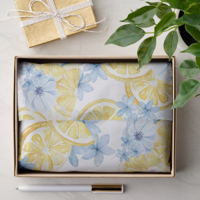 Papier de soie fleurs et citrons tranchés aquarell (Cadeau)
