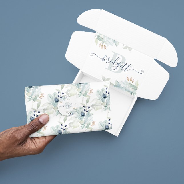 Papier de soie floral aquarelle bleu poussière (Celebrate someone special with this watercolor floral tissue paper! Matching collection available! )
