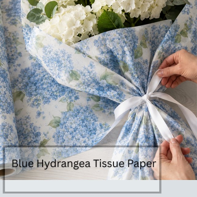 Papier de soie floral Hortensia Bleu (Blue Hydrangea Flowers adorn this tissue paper. Fabulous for gifts, wrapping and memorable moments.)
