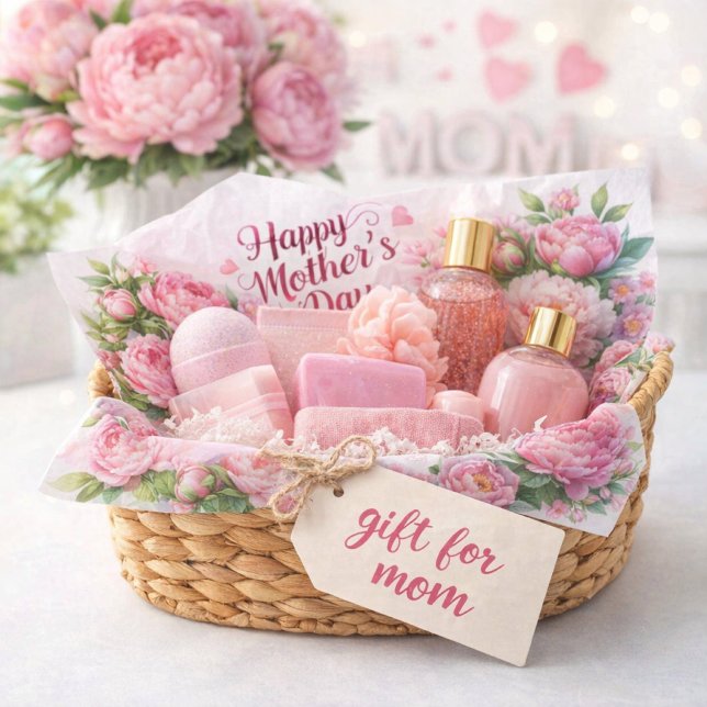 Papier de soie floral rose Pivoines Fête des mères (Celebrate Mom with floral tissue paper that turns any basket into a heartfelt gift moment.)