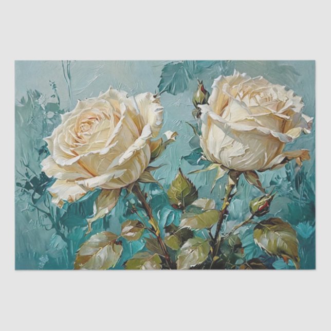 Papier de soie floral Roses Vert sarcelle et Crème (Recto)