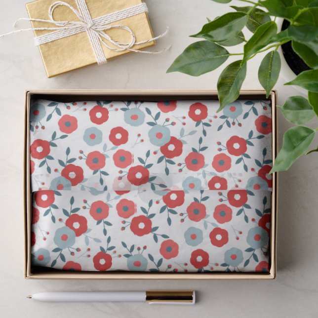 Papier de soie floral rouge, blanc et bleu (Cadeau)