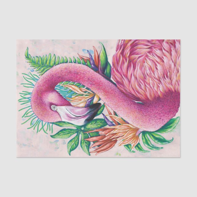 Papier de soie floral tropical oiseau flamant rose (Recto)
