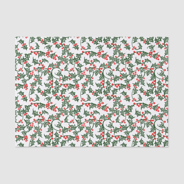 Papier de soie houx vert avec baies rouges (Recto)