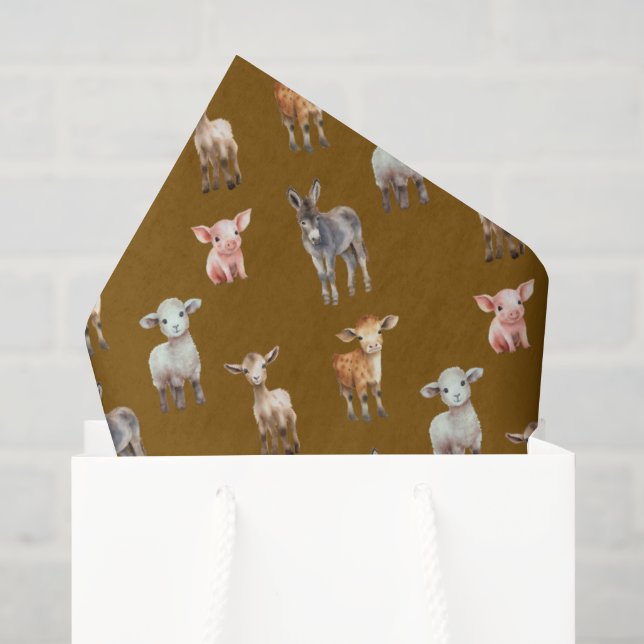 Papier de soie marron motif Animaux de la ferme (Sac cadeau)