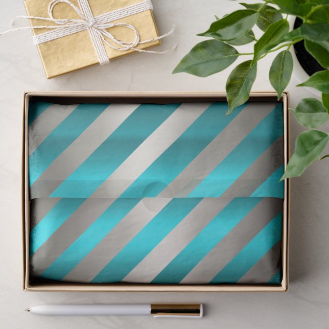 Papier de soie Noël rayure diagonale Aqua & Argent (Cadeau)
