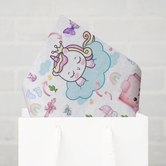Papier de soie rose bleu licorne arc-en-ciel chat  (Sac cadeau)