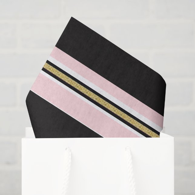 Papier de soie rose et blanc rayure noire or  (Sac cadeau)