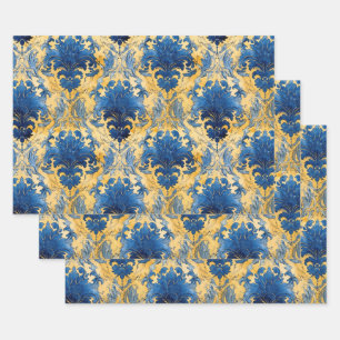 PAPIER DÉCORATIF BLEU ET OR DAMASK