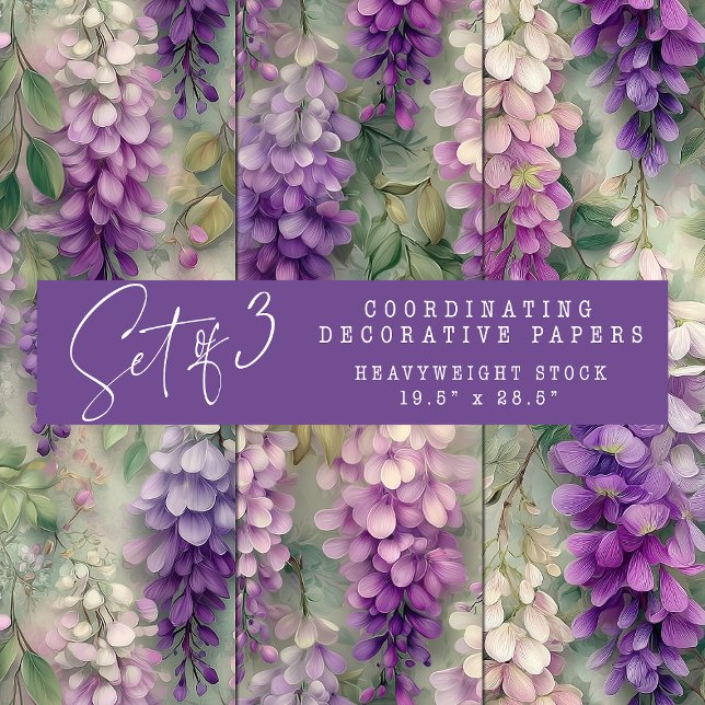 PAPIER DÉCORATIF FLEURI À L'AQUARELLE AVEC GLYCINE (WATERCOLOR WISTERIA FLORAL DECORATIVE PAPER SET)